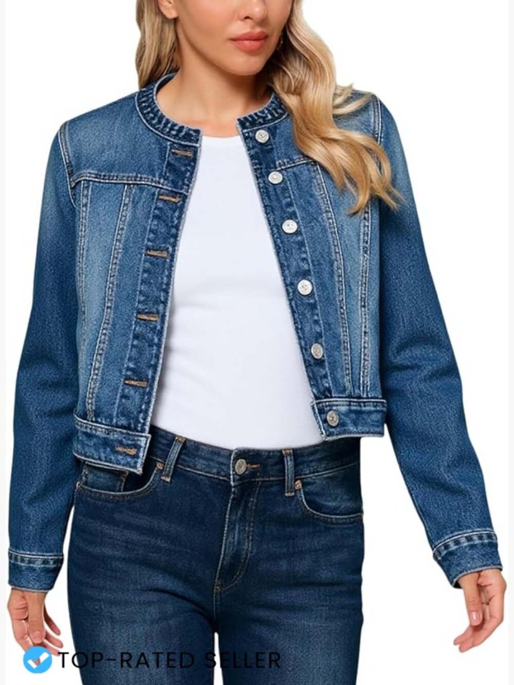 Cropped Denim Jacket Women Casual Chic Long Sleeve Boxy Fit Button Up